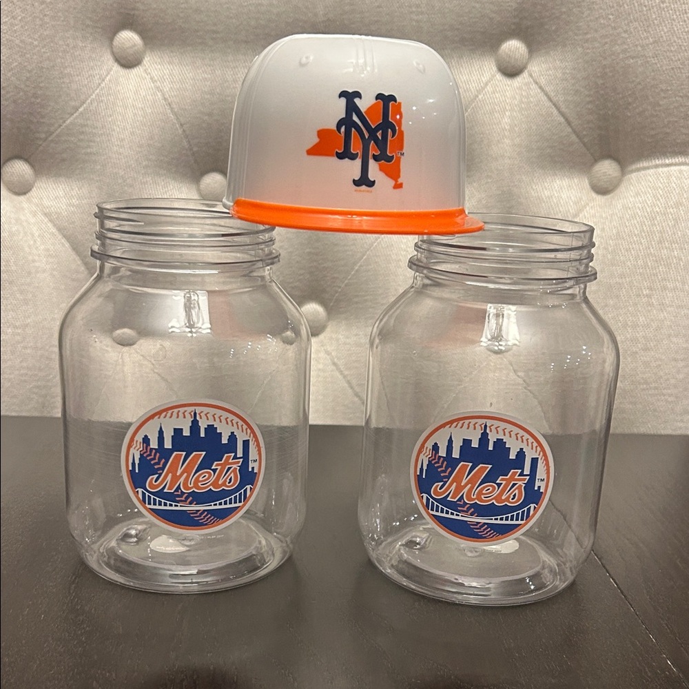 New York Mets Plastic Mason Jar Drinkware Set - Clear with Blue & Orange Logos
